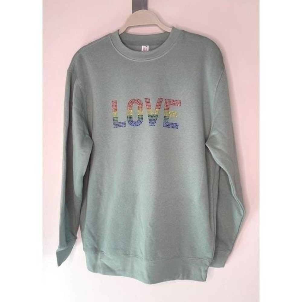 Wild Harmony LOVE Rainbow Rhinestone Sweatshirt Sage Green Crewneck Pullover L